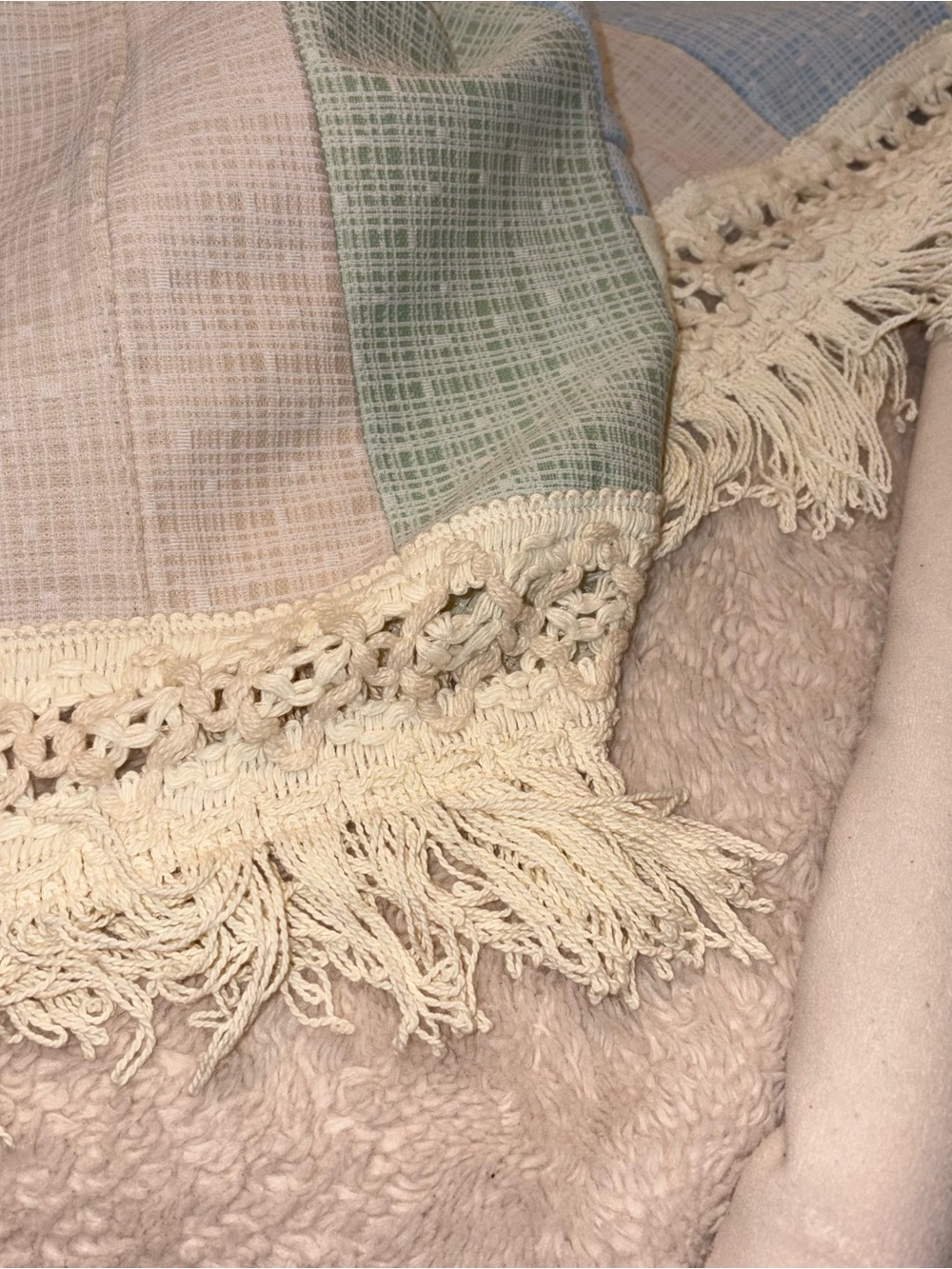 Pastel Patchwork Crochet-Trim Bedspread - White, Blue, Pink, Green - Picture 3 of 7